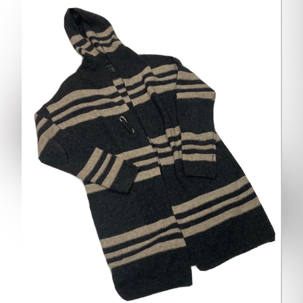 Tahari Black and Beige Striped Hooded Long Cardigan Sweater